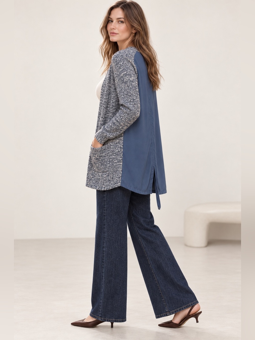 Banana Republic XS Blue Marled Mixed Media Snap-Front Cardigan